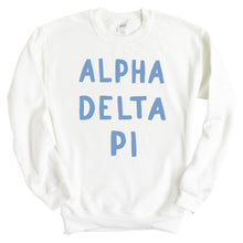 Load image into Gallery viewer, ADPI Alpha Delta Pi Blue Bubble Letter Sorority Crewneck Sweatshirt - Kite and Crest