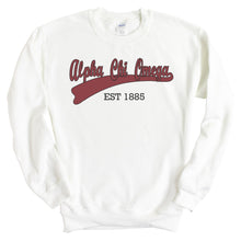 Load image into Gallery viewer, Alpha Chi Omega Sweatshirt | ACHIO Baseball Crewneck Sweatshirt | Alpha Chi Omega Sorority Gift Idea - Kite and Crest