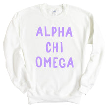 Load image into Gallery viewer, Alpha Chi Omega Sweatshirt - ACHIO Purple Bubble Letters Crewneck Sweatshirt - Kite and Crest