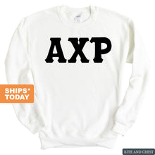 Load image into Gallery viewer, Alpha Chi Rho Basic Black Letters Sweatshirt - Fraternity Crewneck Sweatshirt - Kite and Crest