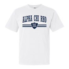 Load image into Gallery viewer, Alpha Chi Rho Striped Shield Comfort Colors T-Shirt - Fraternity Tee - Kite and Crest