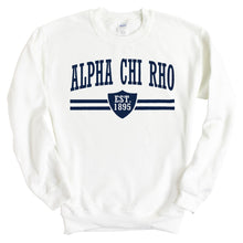 Load image into Gallery viewer, Alpha Chi Rho Striped Shield Sweatshirt - Fraternity Crewneck Sweatshirt - Kite and Crest