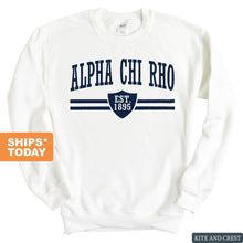 Load image into Gallery viewer, Alpha Chi Rho Striped Shield Sweatshirt - Fraternity Crewneck Sweatshirt - Kite and Crest