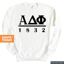Load image into Gallery viewer, Alpha Delta Phi Black Letter Sweatshirt - Fraternity Crewneck Sweatshirt - Kite and Crest