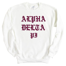 Load image into Gallery viewer, Alpha Delta Pi Sweatshirt | ADPI Old Type Written Crewneck Sweatshirt | Alpha Delta Pi Sorority Gift Idea - Kite and Crest