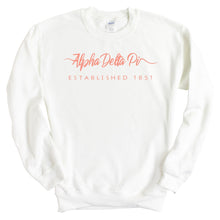Load image into Gallery viewer, Alpha Delta Pi Sweatshirt | ADPI White Script Letter Crewneck Sweatshirt | Alpha Delta Pi Sorority Gift Idea - Kite and Crest