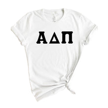 Load image into Gallery viewer, Alpha Delta Pi T-Shirt | ADPI Basic Black Letters Shirt | Alpha Delta Pi Sorority Gift Idea - Kite and Crest