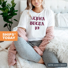 Load image into Gallery viewer, Alpha Delta Pi T-Shirt | ADPI Old Type Written Shirt | Alpha Delta Pi Sorority Gift Idea - Kite and Crest