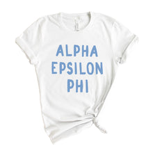Load image into Gallery viewer, Alpha Epsilon Phi Blue Bubble Letter Sorority T-Shirt - Kite and Crest