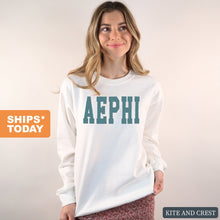 Load image into Gallery viewer, Alpha Epsilon Phi Sweatshirt - AEPHI Blue Retro Crewneck Sweatshirt - Kite and Crest