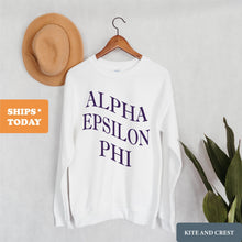 Load image into Gallery viewer, Alpha Epsilon Phi Sweatshirt | AEPHI Large and Wavy Letters Crewneck Sweatshirt | Alpha Epsilon Phi Sorority Gift Idea - Kite and Crest