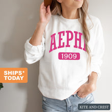 Load image into Gallery viewer, Alpha Epsilon Phi Sweatshirt | AEPHI Large Established Crewneck Sweatshirt | Alpha Epsilon Phi Sorority Gift Idea - Kite and Crest
