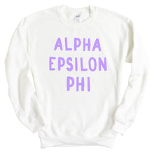 Load image into Gallery viewer, Alpha Epsilon Phi Sweatshirt - AEPHI Purple Bubble Letters Crewneck Sweatshirt - Kite and Crest