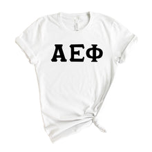 Load image into Gallery viewer, Alpha Epsilon Phi T-Shirt | AEPHI Basic Black Letters Shirt | Alpha Epsilon Phi Sorority Gift Idea - Kite and Crest