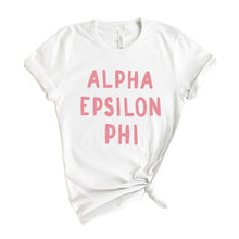 Load image into Gallery viewer, Alpha Epsilon Phi T-Shirt | AEPHI Pink Bubble Letters Shirt | Alpha Epsilon Phi Sorority Gift Idea - Kite and Crest