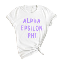 Load image into Gallery viewer, Alpha Epsilon Phi T-shirt - AEPHI Purple Bubble Letters Tee - Kite and Crest