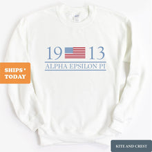 Load image into Gallery viewer, Alpha Epsilon Pi Sweatshirt - AEPI Flag Year Crewneck Sweatshirt - Kite and Crest