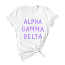 Load image into Gallery viewer, Alpha Gamma Delta T-shirt - Alpha Gam (AGD) Purple Bubble Letters Tee - Kite and Crest