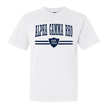 Load image into Gallery viewer, Alpha Gamma Rho Comfort Colors T-Shirt - AGR Striped Shield Shirt - Kite and Crest