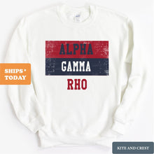 Load image into Gallery viewer, Alpha Gamma Rho Sweatshirt - AGR Colorful Stripe Crewneck Sweatshirt - Kite and Crest