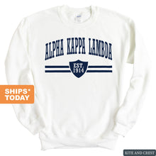 Load image into Gallery viewer, Alpha Kappa Lambda Striped Shield Sweatshirt - Fraternity Crewneck Sweatshirt - Kite and Crest