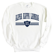 Load image into Gallery viewer, Alpha Kappa Lambda Striped Shield Sweatshirt - Fraternity Crewneck Sweatshirt - Kite and Crest