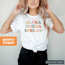 Load image into Gallery viewer, Alpha Omega Epsilon Bright and Colorful T-shirt - Kite and Crest