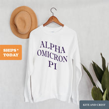 Load image into Gallery viewer, Alpha Omicron Pi Sweatshirt | AOPI Large and Wavy Letters Crewneck Sweatshirt | Alpha Omicron Pi Sorority Gift Idea - Kite and Crest