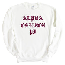 Load image into Gallery viewer, Alpha Omicron Pi Sweatshirt | AOPI Old Type Written Crewneck Sweatshirt | Alpha Omicron Pi Sorority Gift Idea - Kite and Crest