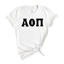 Load image into Gallery viewer, Alpha Omicron Pi T-Shirt | AOPI Basic Black Letters Shirt | Alpha Omicron Pi Sorority Gift Idea - Kite and Crest