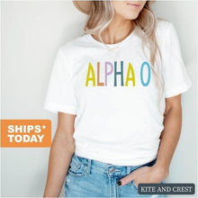 Load image into Gallery viewer, Alpha Omicron Pi T-shirt - AOPI Colorful Lined Tee - Kite and Crest