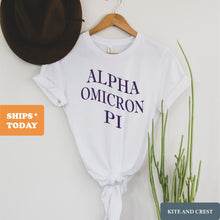 Load image into Gallery viewer, Alpha Omicron Pi T-Shirt | AOPI Large and Wavy Letters Shirt | Alpha Omicron Pi Sorority Gift Idea - Kite and Crest