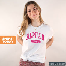 Load image into Gallery viewer, Alpha Omicron Pi T-Shirt | AOPI Large Established Shirt | Alpha Omicron Pi Sorority Gift Idea - Kite and Crest