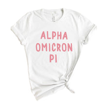 Load image into Gallery viewer, Alpha Omicron Pi T-Shirt | AOPI Pink Bubble Letters Shirt | Alpha Omicron Pi Sorority Gift Idea - Kite and Crest