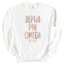 Load image into Gallery viewer, Alpha Phi Omega Pastel Stencil Sweatshirt - Fraternity Crewneck Sweatshirt - Kite and Crest