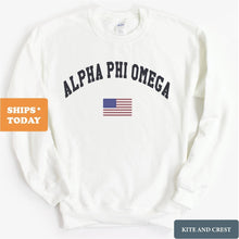 Load image into Gallery viewer, Alpha Phi Omega Traditional Flag Sweatshirt - Fraternity Crewneck Sweatshirt - Kite and Crest