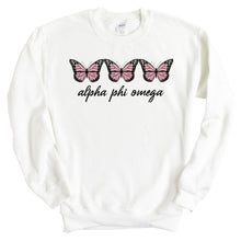 Load image into Gallery viewer, Alpha Phi Omega Trendy Butterfly Sweatshirt - Fraternity Crewneck Sweatshirt - Kite and Crest