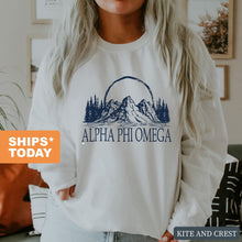 Load image into Gallery viewer, Alpha Phi Omega Weekend in the Mountains Sweatshirt - Fraternity Crewneck Sweatshirt - Kite and Crest