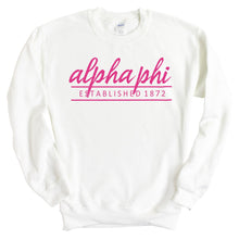 Load image into Gallery viewer, Alpha Phi Sweatshirt | Alpha Phi Pink Established Crewneck Sweatshirt | Alpha Phi Sorority Gift Idea - Kite and Crest