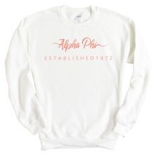 Load image into Gallery viewer, Alpha Phi Sweatshirt | Alpha Phi White Script Letter Crewneck Sweatshirt | Alpha Phi Sorority Gift Idea - Kite and Crest