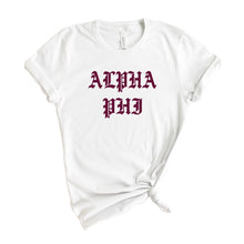 Load image into Gallery viewer, Alpha Phi T-Shirt | A Phi Old Type Written Shirt | Alpha Phi Sorority Gift Idea - Kite and Crest