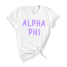 Load image into Gallery viewer, Alpha Phi T-shirt - A Phi Purple Bubble Letters Tee - Kite and Crest