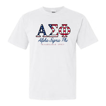 Load image into Gallery viewer, Alpha Sigma Phi Comfort Colors T-Shirt - Alpha Sig American Flag Letters Shirt - Kite and Crest