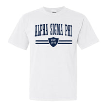 Load image into Gallery viewer, Alpha Sigma Phi Comfort Colors T-Shirt - Alpha Sig Striped Shield Shirt - Kite and Crest