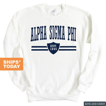 Load image into Gallery viewer, Alpha Sigma Phi Sweatshirt - Alpha Sig Striped Shield Crewneck Sweatshirt - Kite and Crest