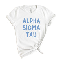 Load image into Gallery viewer, Alpha Sigma Tau Blue Bubble Letter Sorority T-Shirt - Kite and Crest