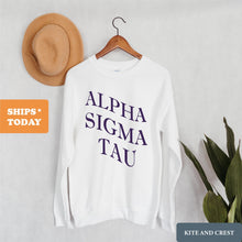 Load image into Gallery viewer, Alpha Sigma Tau Sweatshirt | Alpha Sigma Tau Large and Wavy Letters Crewneck Sweatshirt | Alpha Sigma Tau Sorority Gift Idea - Kite and Crest