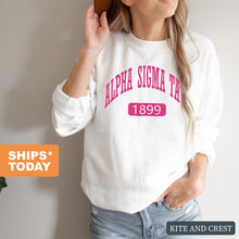 Load image into Gallery viewer, Alpha Sigma Tau Sweatshirt | Alpha Sigma Tau Large Established Crewneck Sweatshirt | Alpha Sigma Tau Sorority Gift Idea - Kite and Crest