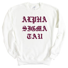 Load image into Gallery viewer, Alpha Sigma Tau Sweatshirt | Alpha Sigma Tau Old Type Written Crewneck Sweatshirt | Alpha Sigma Tau Sorority Gift Idea - Kite and Crest