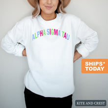 Load image into Gallery viewer, Alpha Sigma Tau Sweatshirt | Alpha Sigma Tau Rainbow Letter Crewneck Sweatshirt | Alpha Sigma Tau Sorority Gift Idea - Kite and Crest